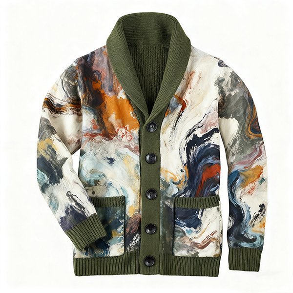 Fashion Printed Men's Cardigan - New V-Neck Knit Sweater