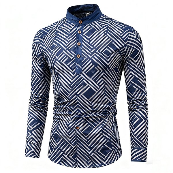 Men's Stand Collar Linen-Cotton Shirt - Slim-Fit Half-Open Casual?