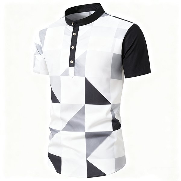 Men's Casual Fashion Short Sleeve Shirt - Stand Collar Button-Down Pullover