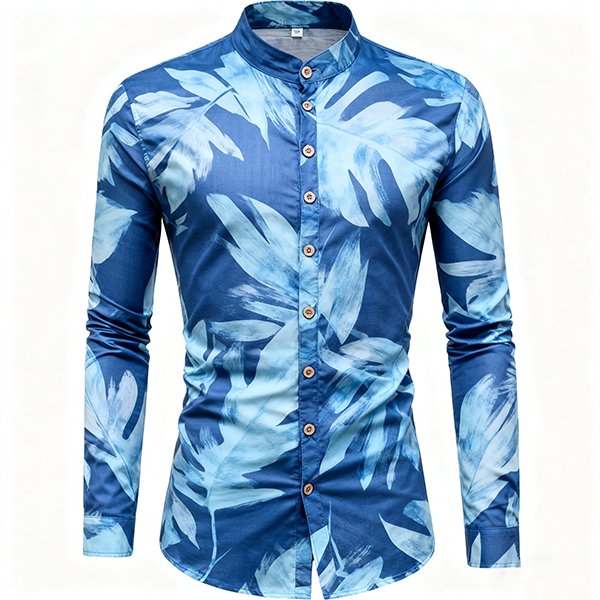 Men's Linen-Cotton Slim-Fit Shirt - Stand Collar Half-Open Casual